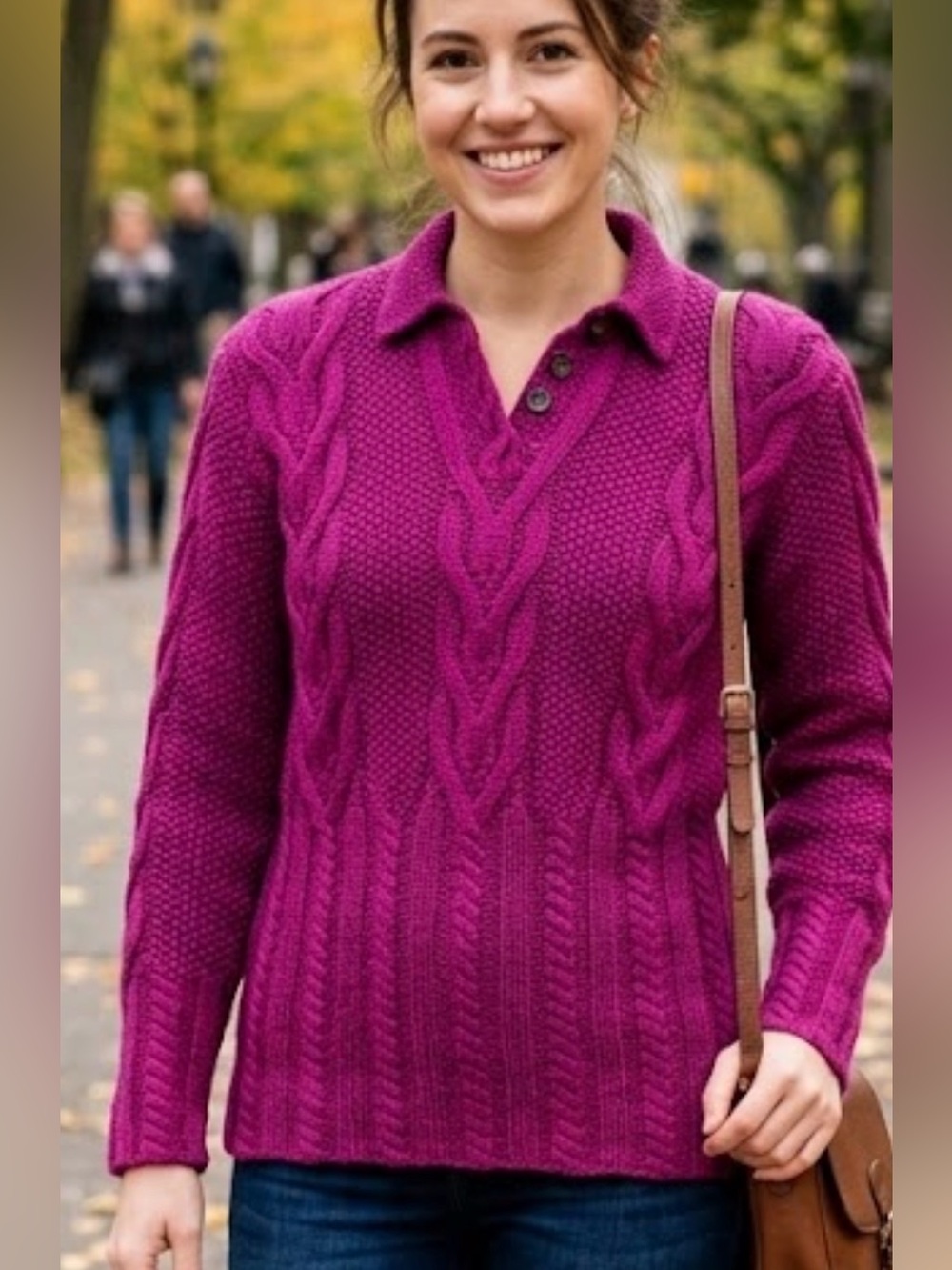 Evan Picone Magenta Cable-Knit V-Neck Polo Sweater 100% Wool